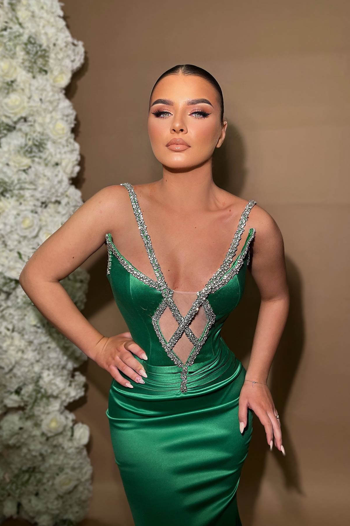 Mermaid Spaghetti Straps Beaded Satin Long Prom Dress