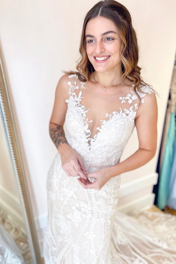 Elegant Bateau Appliques Lace Floor Length Long Mermaid Wedding Dress
