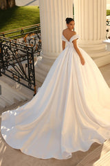 Elegant Long Ball Gown Off the Shoulder Satin Backless Wedding Dresses