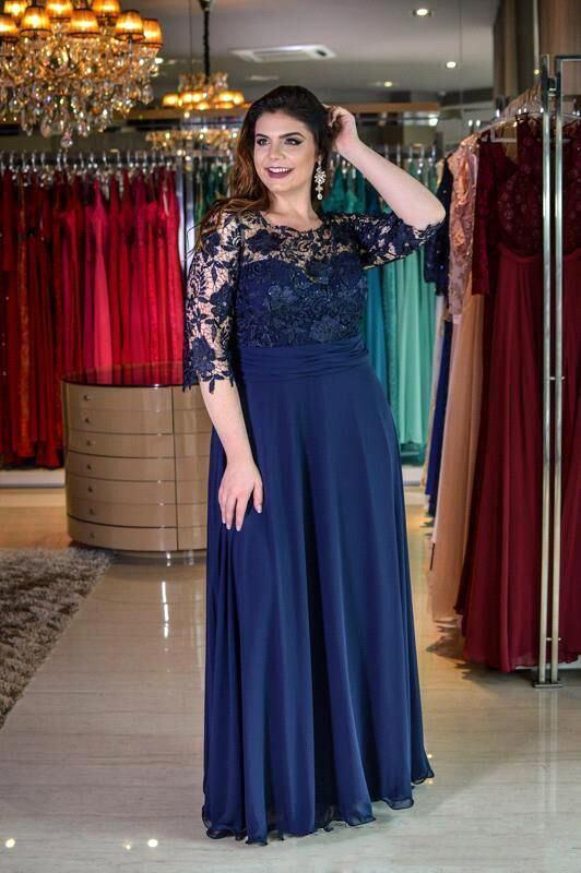 Plus Size Long Jewel Chiffon A-line Floor Length Wedding Guest Dress with Sleeves