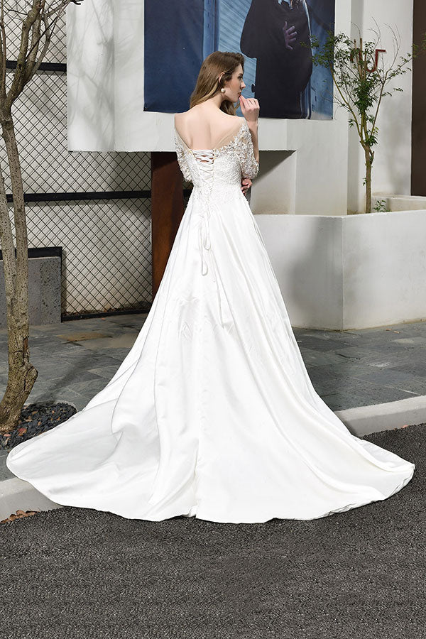 Elegant Long Lace-up A-Line Applique Satin Wedding Dress