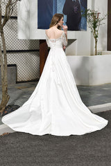 Elegant Long Lace-up A-Line Applique Satin Wedding Dress