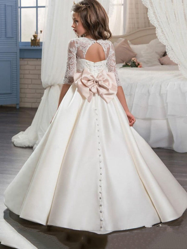Long A-line Satin Lace Flower Girl Dresses with Half Sleeve