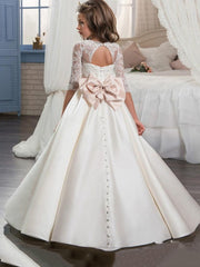 Long A-line Satin Lace Flower Girl Dresses with Half Sleeve