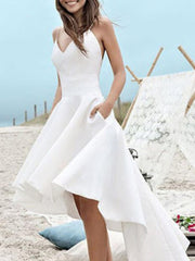 High Low A-line V-neck Satin Spaghetti Strap Asymmetrical Wedding Dresses with Pockets