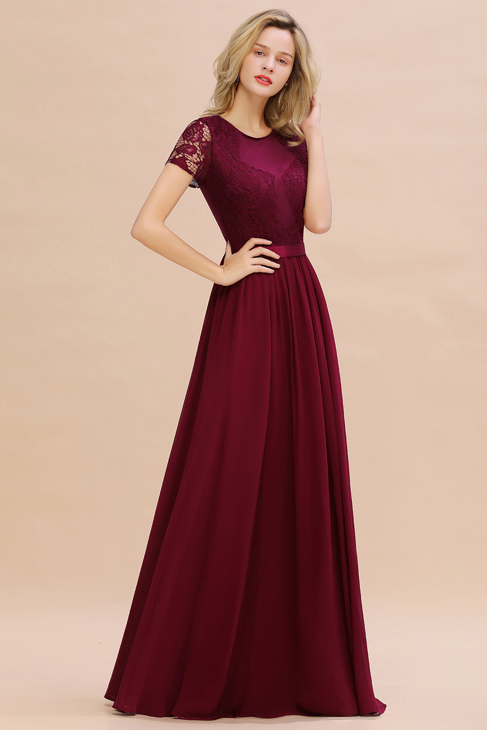 Chiffon Lace Scoop Short Sleeve Bridesmaid Dress