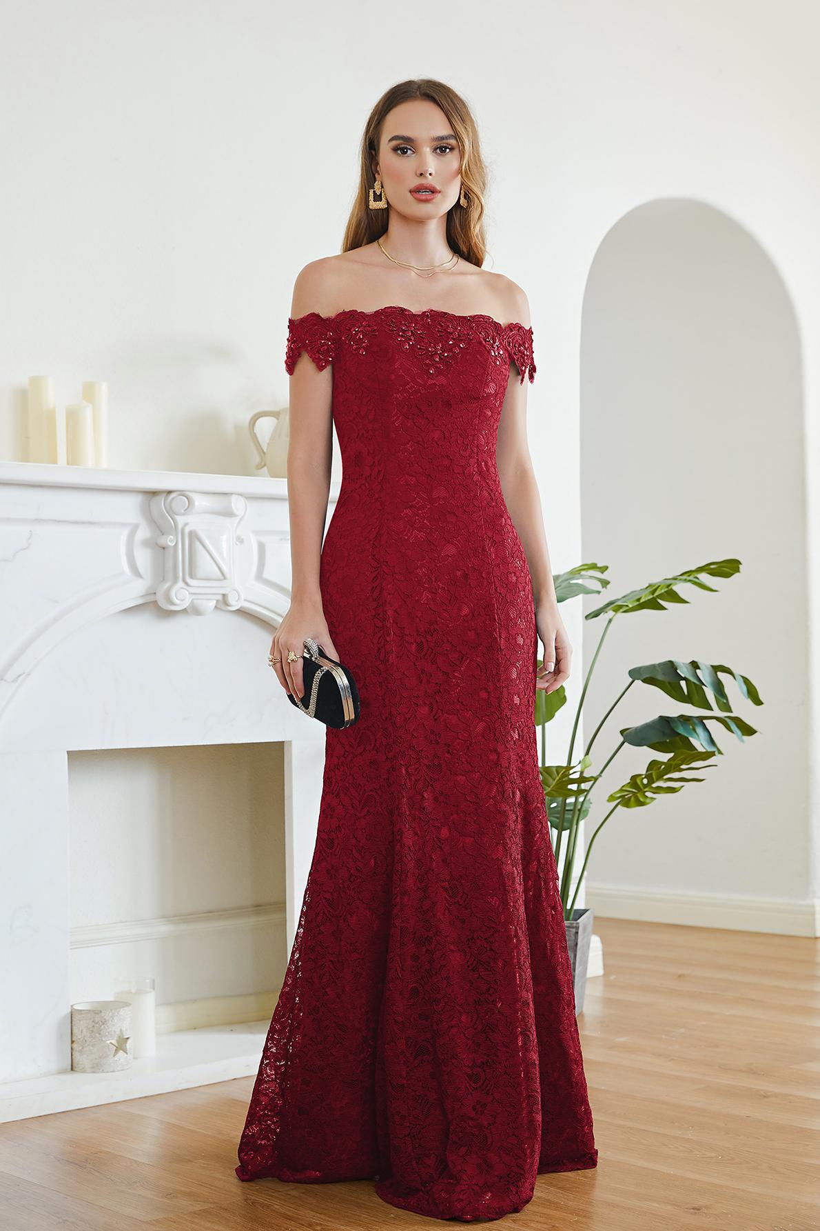 Long Off The Shoulder Floral Lace Mermaid Floor Length Formal Evening Dress