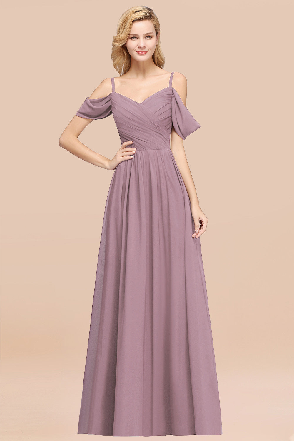 A-Line Chiffon V-Neck Spaghetti Straps Short Sleeves Floor Length Bridesmaid Dresses with Ruffles