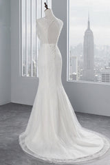Glamorous Long Mermaid Jewel Tulle Sleeveless Wedding Dress with Appliques Lace