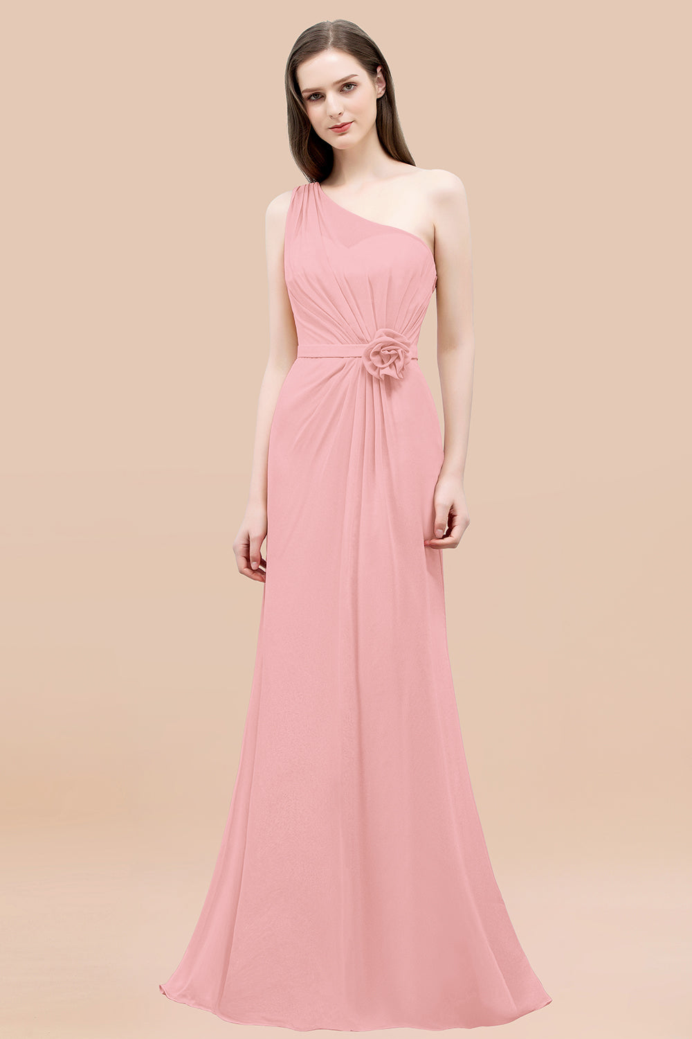Mermaid Chiffon One Shoulder Sleeveless Ruffled Floor Length Bridesmaid Dresses with Flower