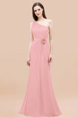 Mermaid Chiffon One Shoulder Sleeveless Ruffled Floor Length Bridesmaid Dresses with Flower