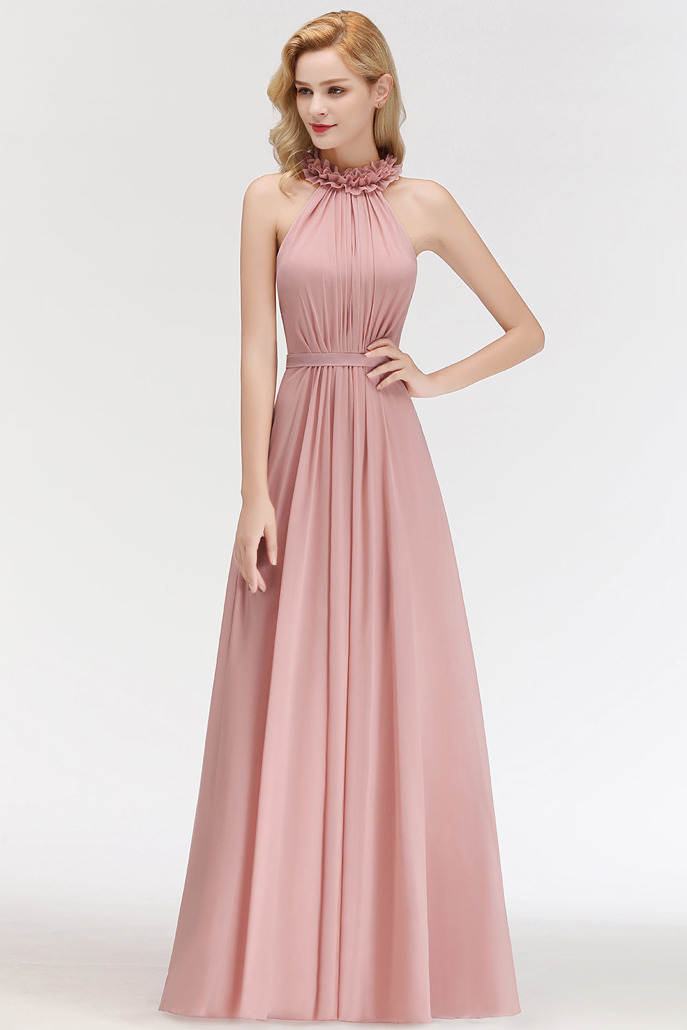 Long A-line Halter Sleeveless Ruffled Chiffon Bridesmaid Dresses