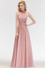 Long A-line Halter Sleeveless Ruffled Chiffon Bridesmaid Dresses