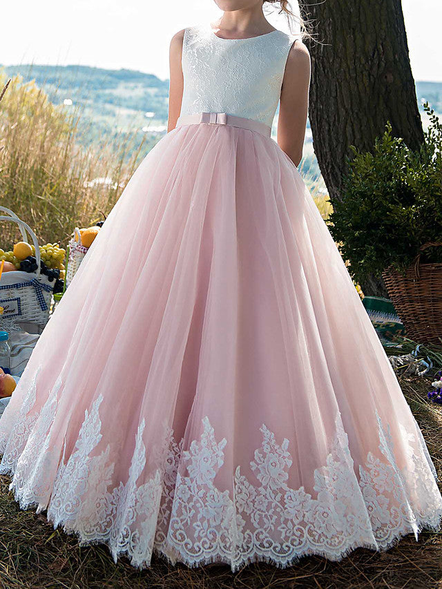 Long A-line Tulle Lace Sleeveless Jewel Neck Birthday Party Girl Dresses