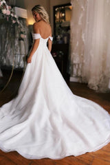White Long A-line Off the Shoulder High Slit Backless Wedding Dresses