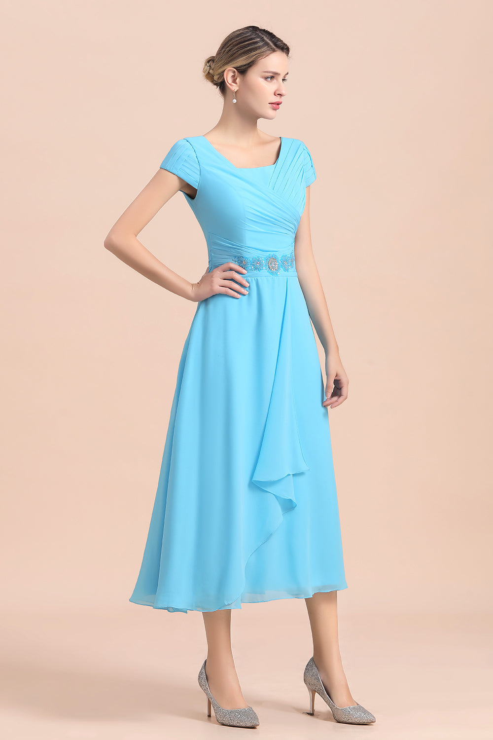 Blue Short Sleeves Chiffon Ruffles Tea-length Mother of the Bride Dress