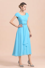 Blue Short Sleeves Chiffon Ruffles Tea-length Mother of the Bride Dress