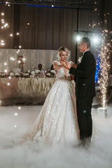 Modest Long A-line V-neck Tulle Lace Open Back Wedding Dress