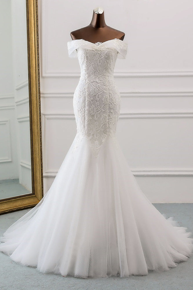 Long Mermaid Tulle Lace Off the Shoulder Lace-up Wedding Dress