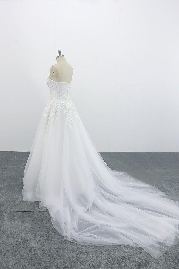 Long A-line Strapless Appliques Lace Tulle Wedding Dress