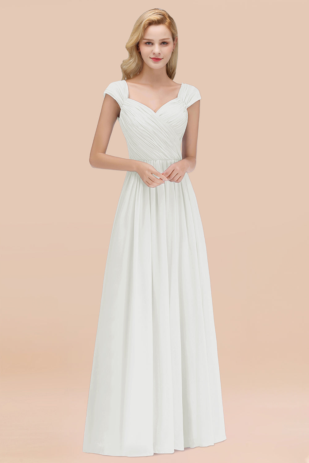 A-Line Chiffon Straps Sweetheart Sleeveless Floor Length Bridesmaid Dress with Ruffles