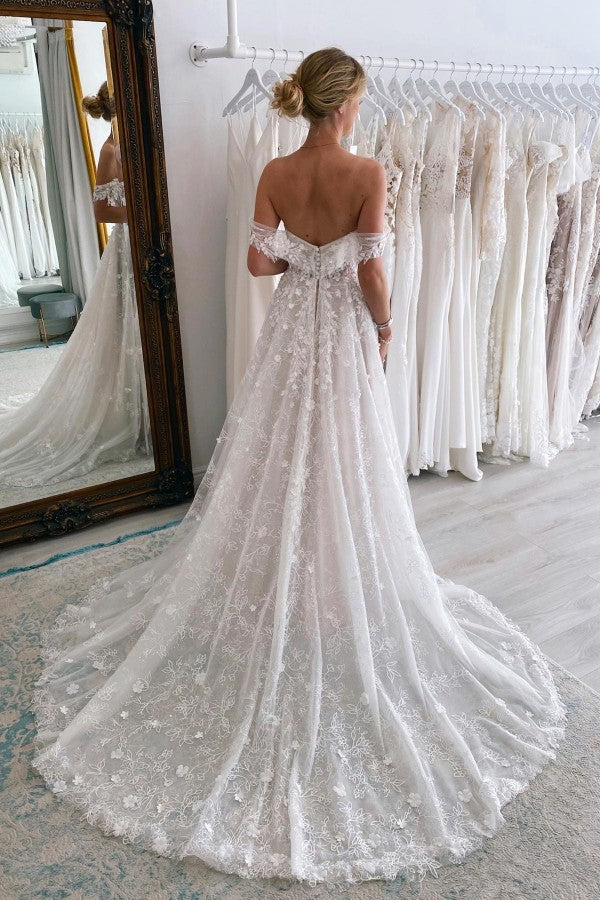 Luxury Long A-line Off the Shoulder Backless Tulle Lace Wedding Dresses
