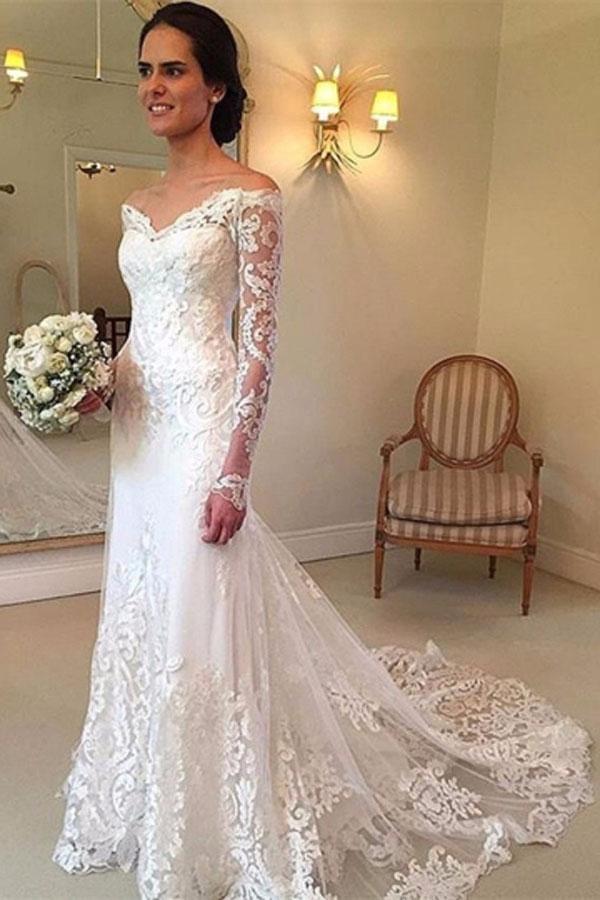White Long Sleeves Off the Shoulder Mermaid Lace Tulle Wedding Dress