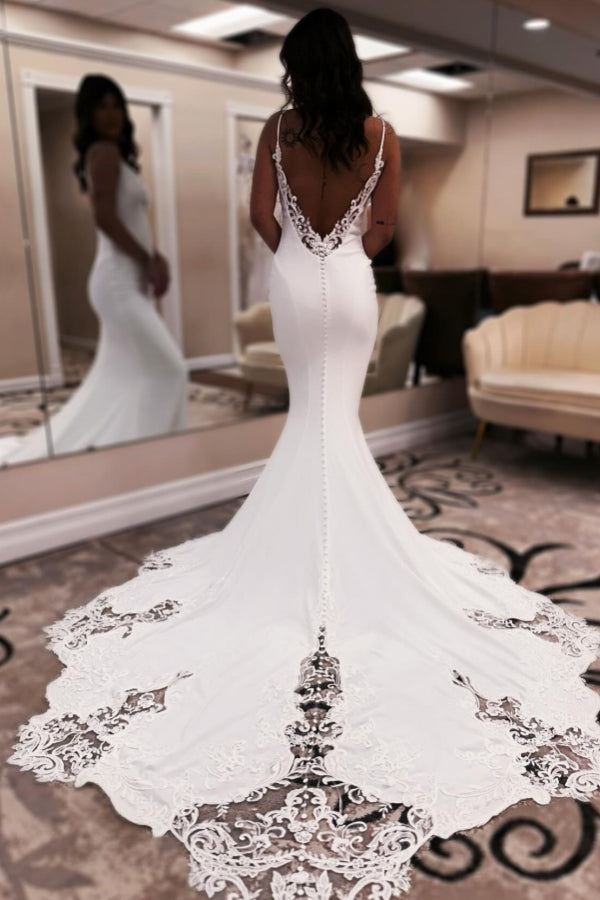 Mermaid Spaghetti Straps Open Back Sweetheart Satin Long Wedding Dresses