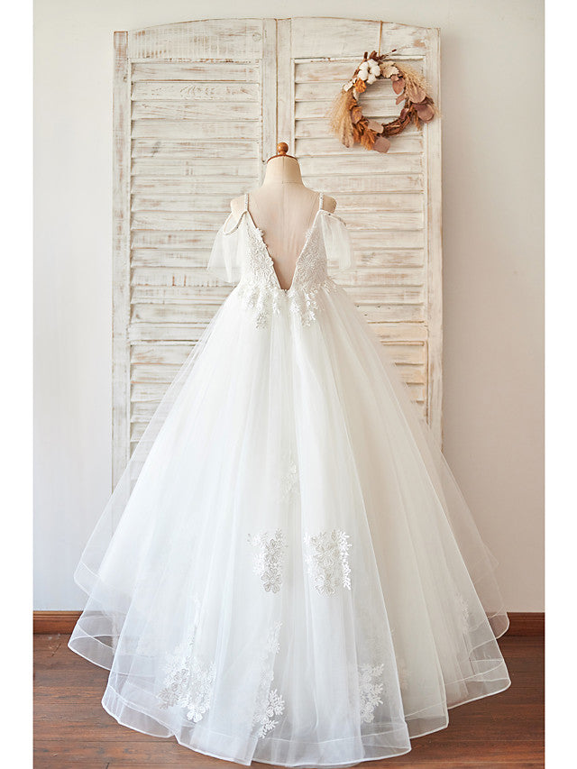White Long Ball Gown Sleeveless Tulle Birthday Party Girl Dresses with Appliques Lace