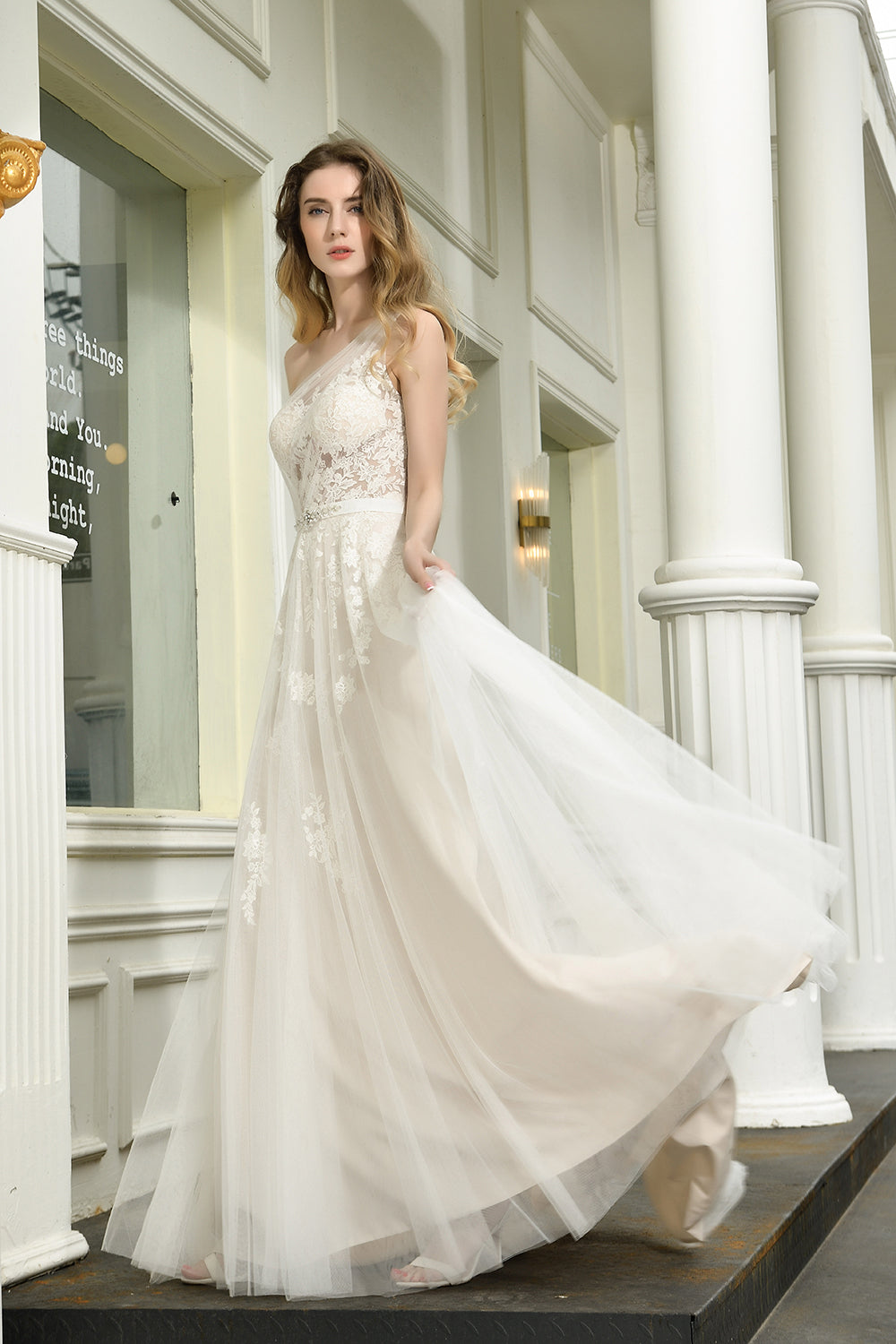 Elegant Long A-line One Shoulder Lace Tulle Backless Wedding Dresses