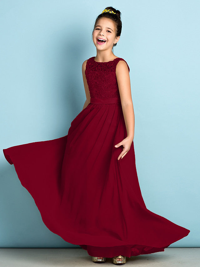 Long A-Line Scoop Neck Floor Length Chiffon Lace Junior Bridesmaid Dress