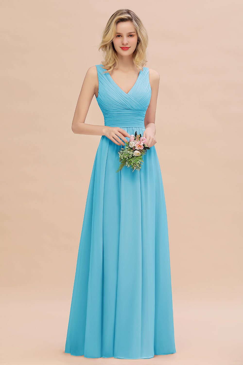 Elegant A-line V-Neck Ruffles Long Bridesmaid Dress