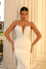 Elegant Long Mermaid Spaghetti Straps Lace Satin Wedding Dresses