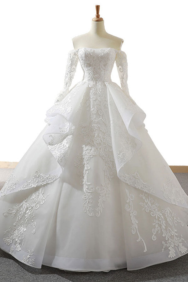 Luxury Lace-up Off The Shoulder Long Sleeves Tulle Wedding Dress