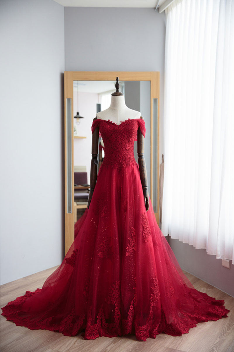 Long Off the Shoulder Floor length A-Line Appliques Lace Prom Dress