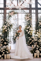 Square Neckline A-line Lace Long Sleeves Floor Length Wedding Dress