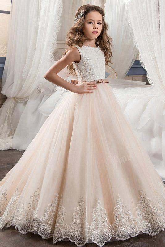 Long Tulle Scoop Neck Sleeveless Ball Gown Flower Girl Dress