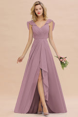 Simple High Low A-line V-Neck Ruffles Chiffon Wisteria Bridesmaid Dress