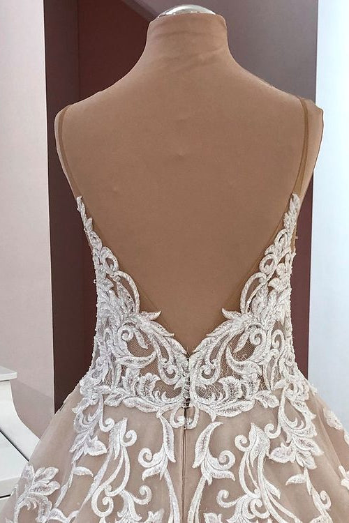 Long Spaghetti Straps A-Line Sequin Tulle Appliques Lace Wedding Dress