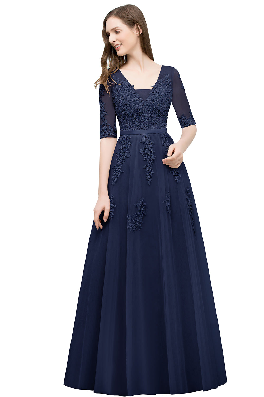 Long V-neck Tulle Lace A-line Evening Dress with Sleeves