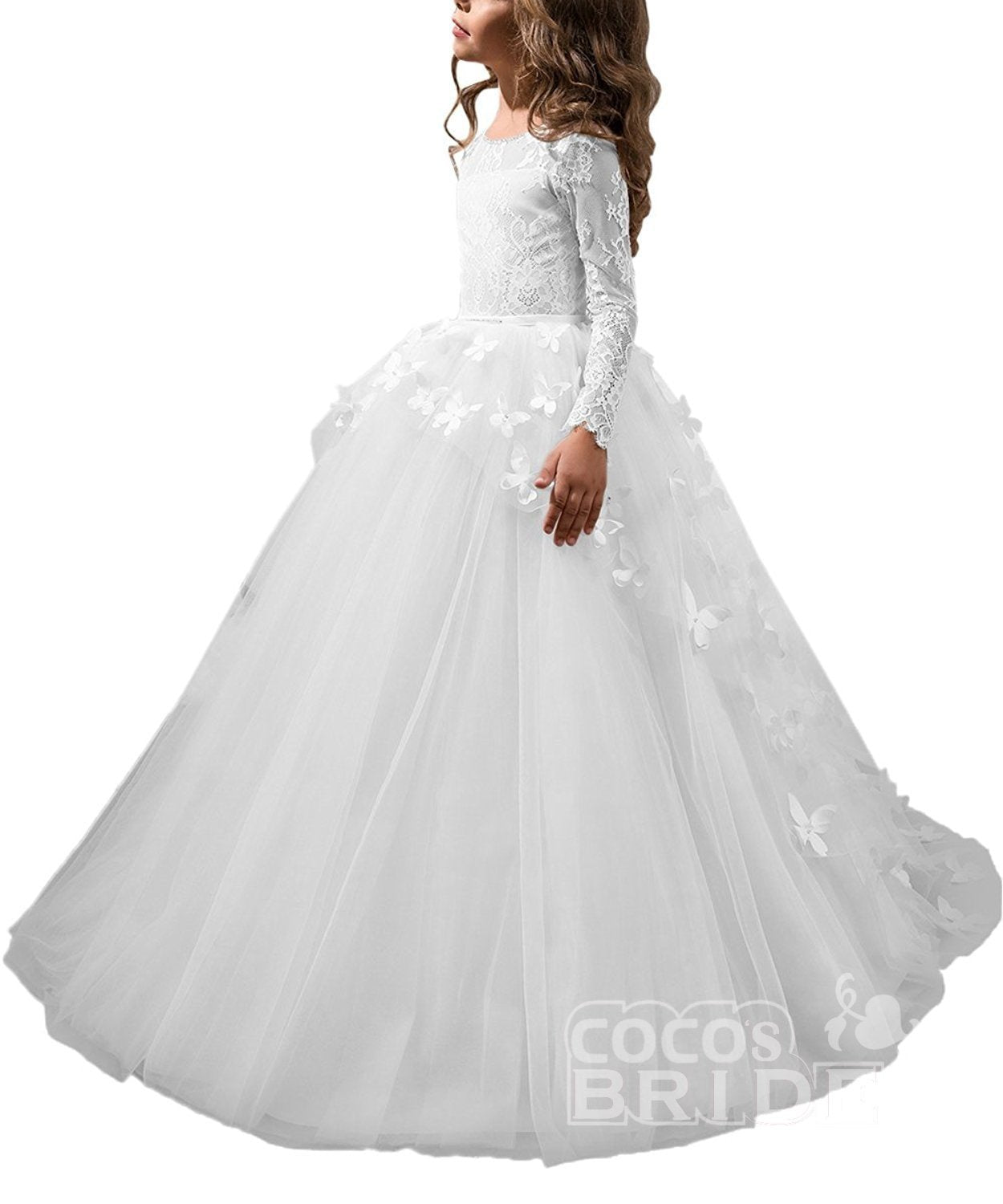 White Scoop Neck Long Sleeves Ball Gown Tulle Lace Flower Girl Dress