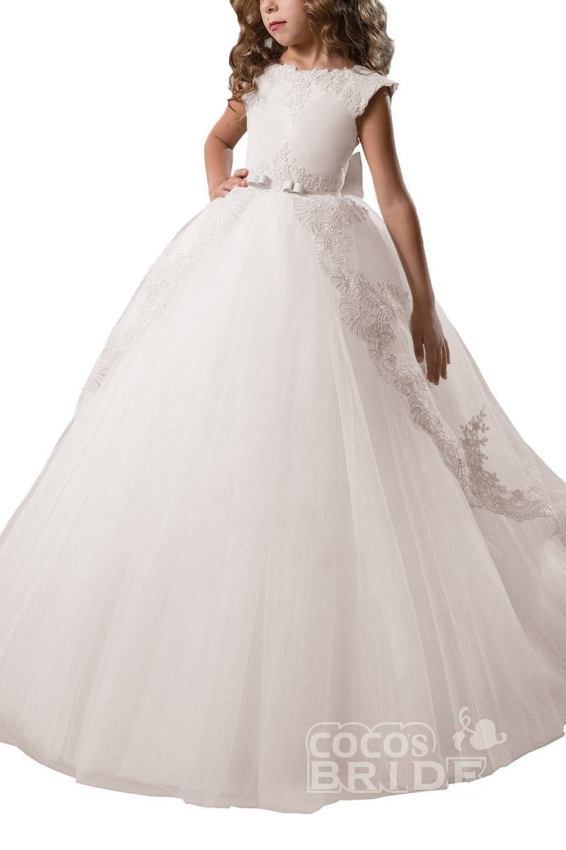 Long Tulle Scoop Neck Lace Ball Gown Flower Girl Dress
