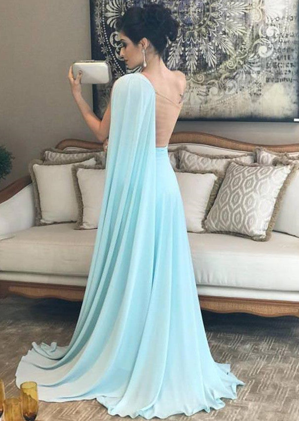 Long One Shoulder A-line Chiffon Formal Evening Dresses