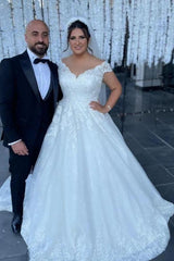 Plus Size Long A-line Off the Shoulder Tulle Lace Wedding Dress with Cap Sleeves