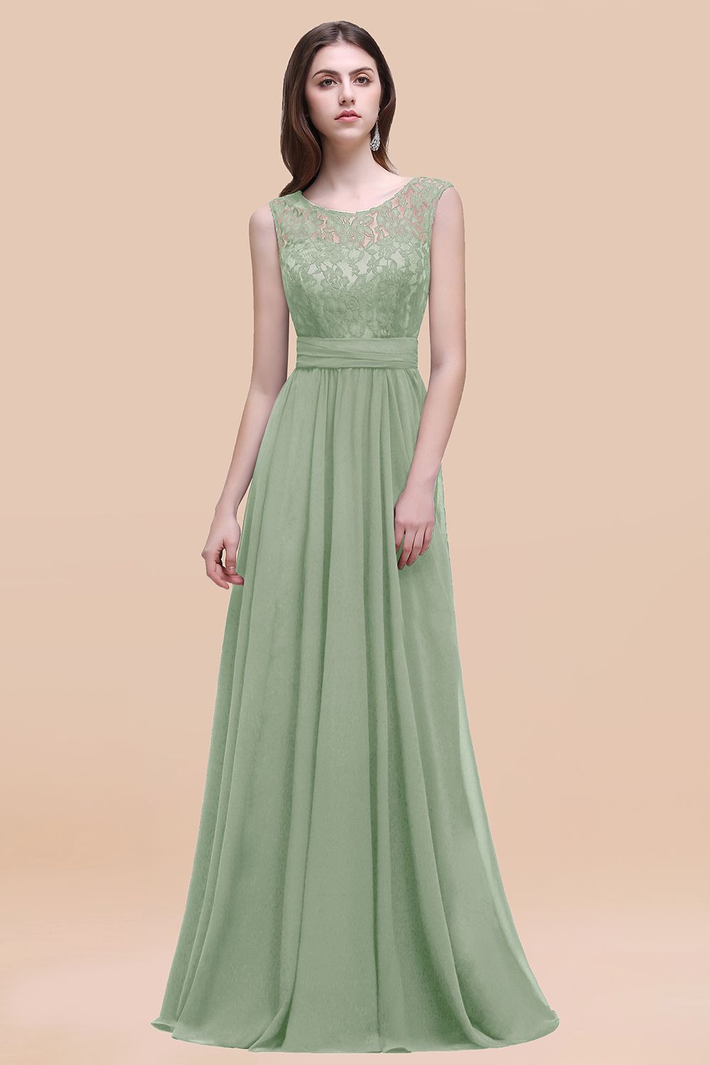 Elegant A-line Chiffon Lace Scoop Sleeveless Floor Length Bridesmaid Dress