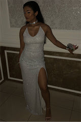 Elegant Long Spaghetti Straps Split Front Mermaid Prom Dress