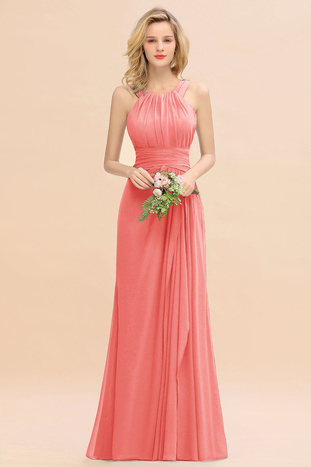 Long A-line Halter Chiffon Backless Floor Length Bridesmaid Dresses