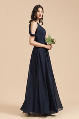 Long A-line Chiffon One Shoulder Dark Navy Wedding Party Dresses