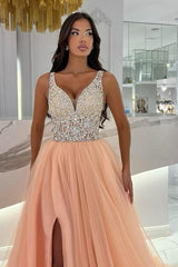 Long Spaghetti Straps A-Line Tulle V-Neck Prom Dress with Split Front