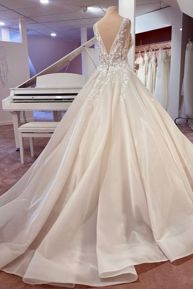 Long Sweetheart Wide Straps A-Line Appliques Lace Backless Ruffles Wedding Dress